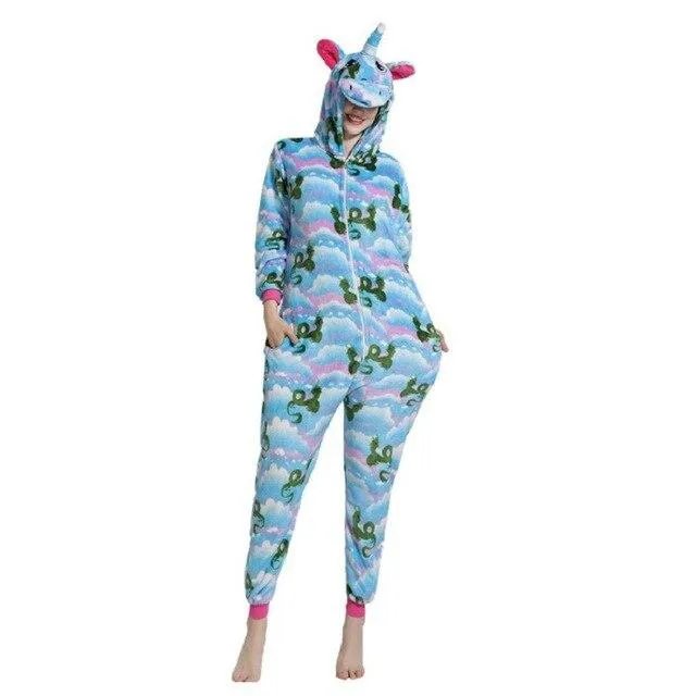 Women Unicorn Pajamas Sets Flannel Homewear Animal Pajamas Kigurumi Winter Starry sky unicornio Nightie pijama mujer Sleepwear