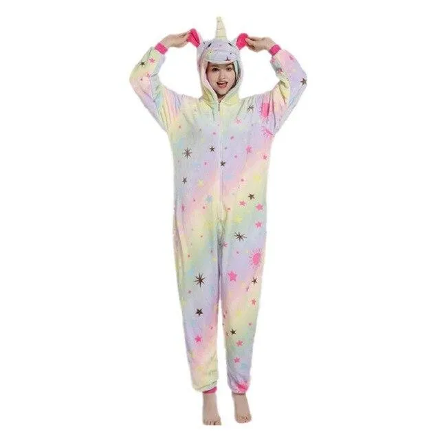 Women Unicorn Pajamas Sets Flannel Homewear Animal Pajamas Kigurumi Winter Starry sky unicornio Nightie pijama mujer Sleepwear