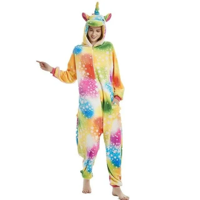 Women Unicorn Pajamas Sets Flannel Homewear Animal Pajamas Kigurumi Winter Starry sky unicornio Nightie pijama mujer Sleepwear
